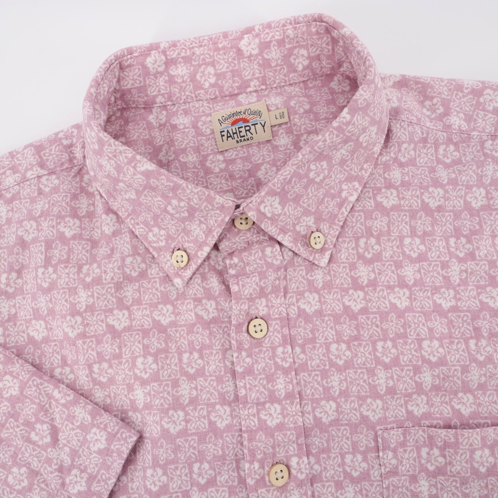 Faherty Geometric Floral Button Down Shirt Pink Short Sleeve Mens Large